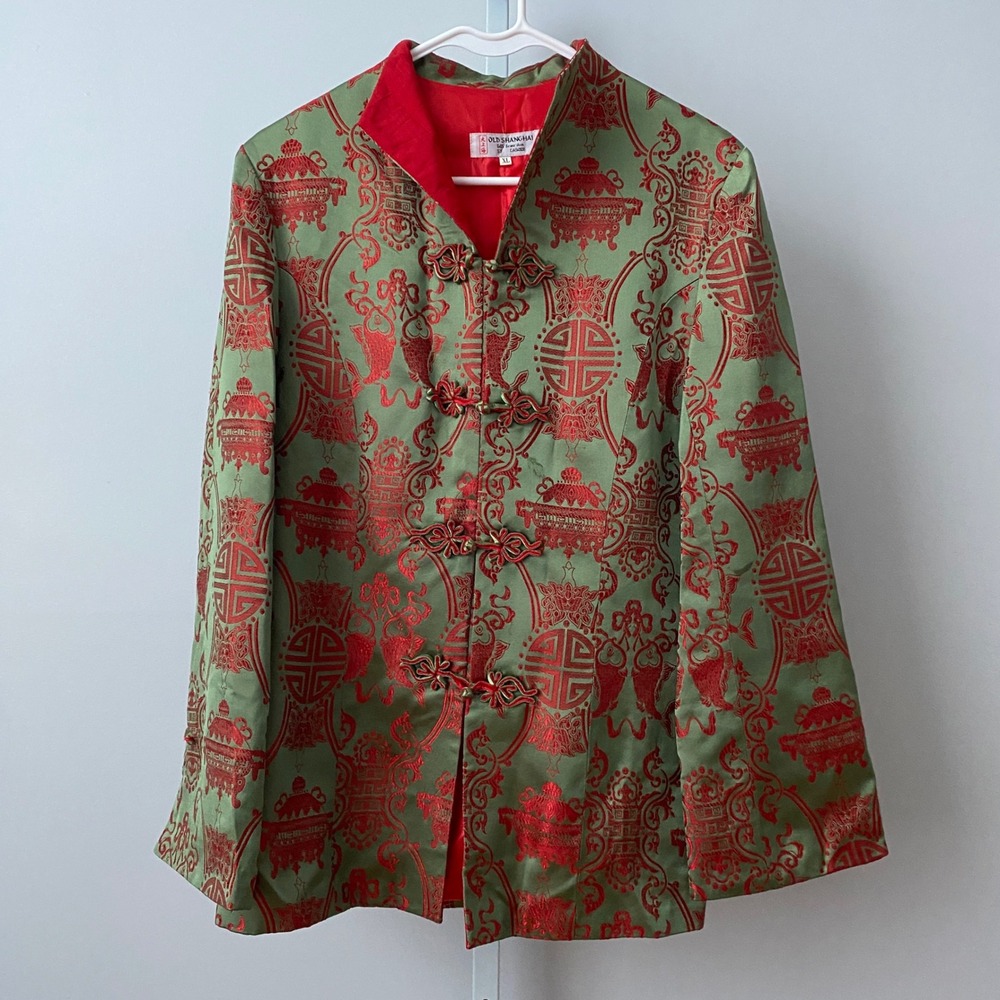 Old Shanghai Silk Quirky MobWife Boho Frog Closure Jacket XL Green Red